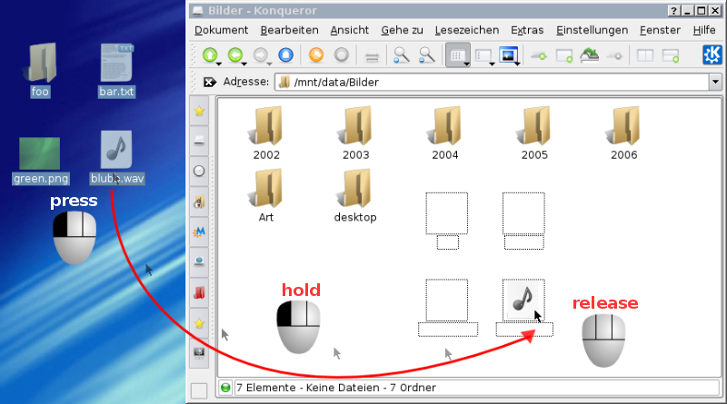 Drag and drop en KDE plasma. El windows manager permite que KDesktop y Konqueror se comuniquen y se muevan archivos